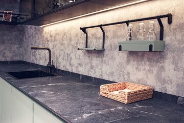 Poster - Kitchen interior, modern kitchen with a luxury mixer, breakfast concept, kitchen background, concept of healthy eating, interior of modern kitchen in gray blue tone