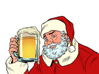 Santa Claus with a beer mug. Pub or bar, a fun party. Christmas and New Year, winter seasonal holiday in December