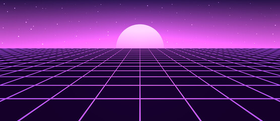 Poster - Retro vector grid with stars. Perspective tile of lines. Detailed vector illustration.