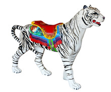 Vintage Carousel Wooden White  Tiger With Colorful Saddle. Isolated.             