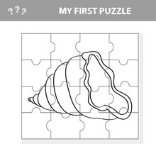 Kids Entertaining Game With A Sea Shell Puzzle Piece In A Vector Illustration Of Marine Life - My First Puzzle. Coloring Page