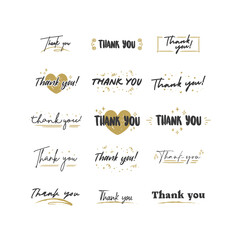 Wall Mural - Thank You lettering compositions written with decorative calligraphic font. Bundle of gratitude phrase decorated with cute elements. Hand drawn thanks vector quotes.