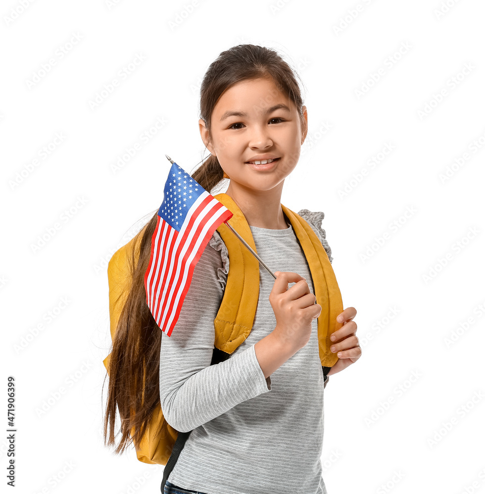 Pupil of language school with USA flag on white background
