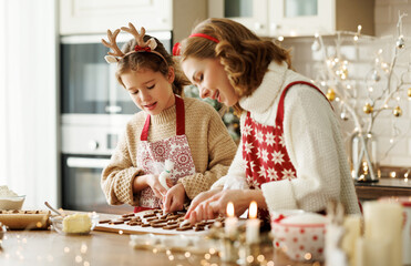 Poster - Happy family mother and girl daughter decorating Christmas gingerbread cookies after baking