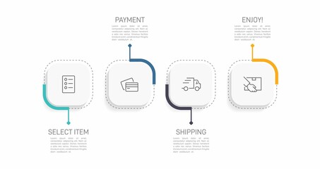 Concept of shopping process with 4 successive steps. Four colorful graphic elements. Timeline design for brochure, presentation, web site. Infographic design layout.