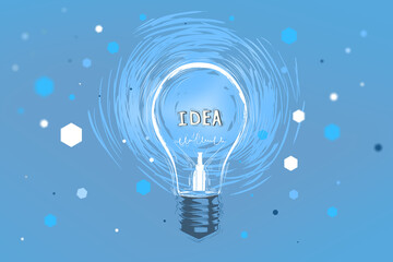 Poster - Creative blue light bulb sketch on blurry bokeh background. Idea, innovation and success concept. 3D Rendering.