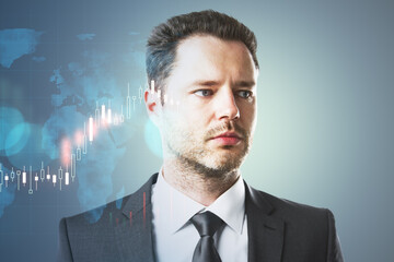 Aufkleber - Portrait of attractive young european businessperson thinking about candlestick forex graph and map on gray background with mock up place. Trade, economy and growth concept. Double exposure.