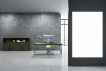 Aufkleber - Modern concrete office interior with empty white mock up frame on wall, desktop and computer, other pieces of furniture and objects, window with city view. 3D Rendering.