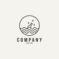 Message in a bottle monoline badge logo. A glass bottle floating on the sea symbol.