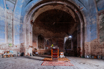 Interior of old abandoned Orthodox church of Smolensk icon of the mother of god with remnants of fresco