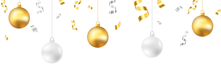 Wall Mural - Christmas decoration. Gold and silver balls on white backdrop. Falling confetti and tinsel. Winter greeting card or website decoration template. Vector illustration
