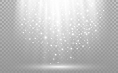 Poster - Light effect with bright particles. White spotlight and glitter. Glowing scene template on transparent background. Magic shine isolated. Stage light with rays. Vector illustration
