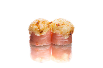 Wall Mural - Side view of Two Japanese Baked sushi roll with melted cheese on top. Traditional Asian seafood dish
