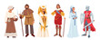 Set of Medieval Historical Characters. Knight with Sword and Shield, Peasant Man and Woman, Lord and Ladies in Costumes