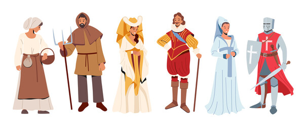 Set of Medieval Historical Characters. Knight with Sword and Shield, Peasant Man and Woman, Lord and Ladies in Costumes