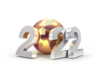 Wall Mural - 2022 New Year date number composed with a golden planet earth, isolated on white - 3D illustration