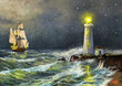 Digital oil paintings sea landscape, fine art, lighthouse on the beach, sky with stars and clouds, old ship