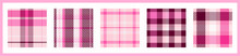 Girly Pink Seamless Plaid Vector Pattern Collection. Gingham Bright Color Checker Background Set. Woven Tweed All Over Print