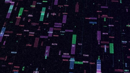 Aufkleber - Vertically flowing geometric shapes and different digits, seamless loop. Animation. Concept of artificial intelligence, data analysis process.