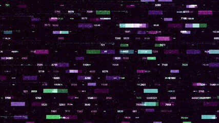 Poster - Technological background with slow motion of rectangles surrounded by numeric data, seamless loop. Animation. Abstract colorful rectangular shapes with moving numbers.