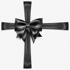 Beautiful black bow with crosswise ribbons with shadow, isolated on transparent background. Transparency only in vector format