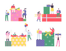 People Are Stacking Gift Boxes Around Huge Gift Boxes. Flat Design Style Vector Illustration.