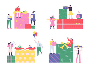 Wall Mural - People are stacking gift boxes around huge gift boxes. flat design style vector illustration.