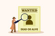 Wanted person vector concept: Young man looking at poster wanted people while using magnifying glass 
