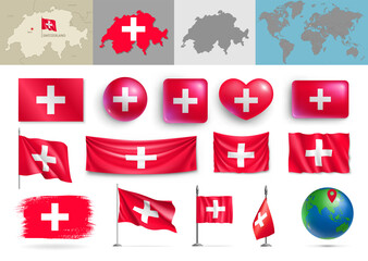 Wall Mural - set of red switzerland flags and geographic map. realistic swiss flags, glossy buttons in patriotic 