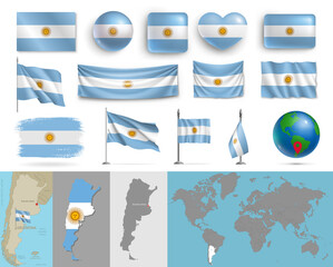 Wall Mural - argentina flags of various shapes and geographic map set. realistic argentinian flags, glossy button