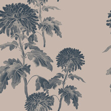 Two-toned Monochrome Floral Seamless Pattern With Grey Silhouettes Of Chrysanthemum Flowers, Stems And Leaves Isolated On Craft Paper Background. Wallpaper, Bedding, Textile, Fabric, Package.