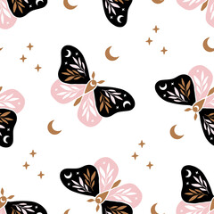 vector seamless pattern - celestial butterfly. mystical insect luna moth, floral moon on white backg