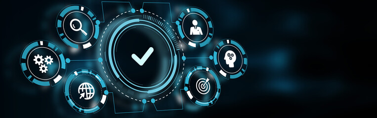 Standard quality control. Certification. Business, technology, internet and networking concept. Young businessman select the icon on the virtual display.