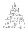 Christmas tree with cats. Funny children's coloring for cats lovers. Cute New Year cats. Hand drawn pets in doodle cartoon style. Black outlines isolated on a white background. Vector illustration.