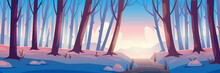 Winter Forest With Ice On River, Bare Trees And Snow On Land. Vector Cartoon Illustration Of Snowy Woods Landscape With Tree Trunks And Frozen Water In Brook At Evening