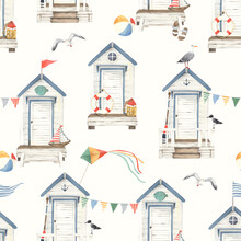 Beach Huts With Seagulls And Beautiful Decoration Design Elements On Ivory Background. Seamless Watercolor Pattern, Summer Marine Illustration For Textile, Wallpaper Or Wrapping Paper.
