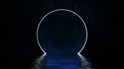 Fototapete - Space scene fantasy portal round gate, star sky neon portal cosmos reflected in water sea. Journey through space glowing portal gate 3D render