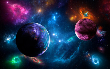 panorama space scene with planets, stars and galaxies. banner template. many nebulae and galaxies in