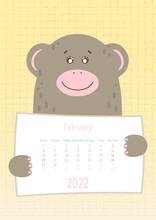 2022 February Calendar, Cute Monkey Animal Holding A Monthly Calendar Sheet, Hand Drawn Childish Style.