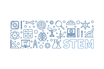 STEM vector horizontal blue thin line banner or illustration