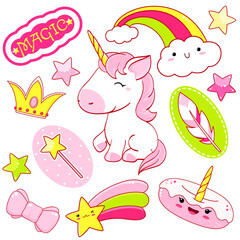 Sticker - Set of cute unicorns stickers in kawaii style. Unicorn, rainbow, donut, shooting star, bow, feather, crown, sticker with inscription magic. Vector illustration EPS8