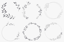 Floral Wreath Branch In Hand Drawn Style. Floral Round Gray And White Frame Of Twigs, Leaves And Flowers. Frames For The Valentine's Day, Wedding Decor, Logo And Identity Template.