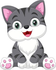 Wall Mural - Cartoon funny cat sitting on white background