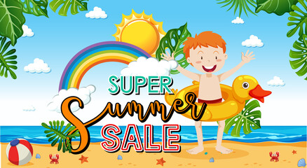 Wall Mural - Super Summer Sale banner with a happy boy at the beach