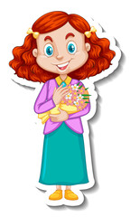 Sticker - A girl holding flower bouquet cartoon character