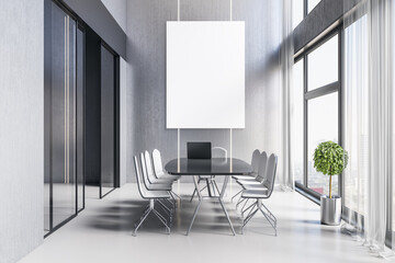 Wall Mural - Modern concrete meeting room office interior with empty mock up poster, table, armchairs, window with city view and daylight. Workplace and law and legal concept. 3D Rendering.