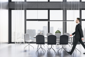 Aufkleber - Modern meeting room office interior with table, armchairs, window with city view and daylight. Workplace and law and legal concept. 3D Rendering.