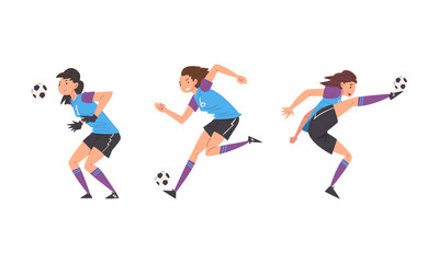 Wall Mural - Woman Soccer or Football Player Kicking and Passing Ball Vector Set