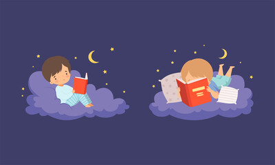 Sticker - Cute Little Boy Lying on Soft Cloud at Night and Reading Bedtime Story Vector Set