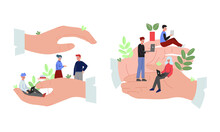 Tiny Man And Woman Office Employee Working In Giant Hand Vector Set